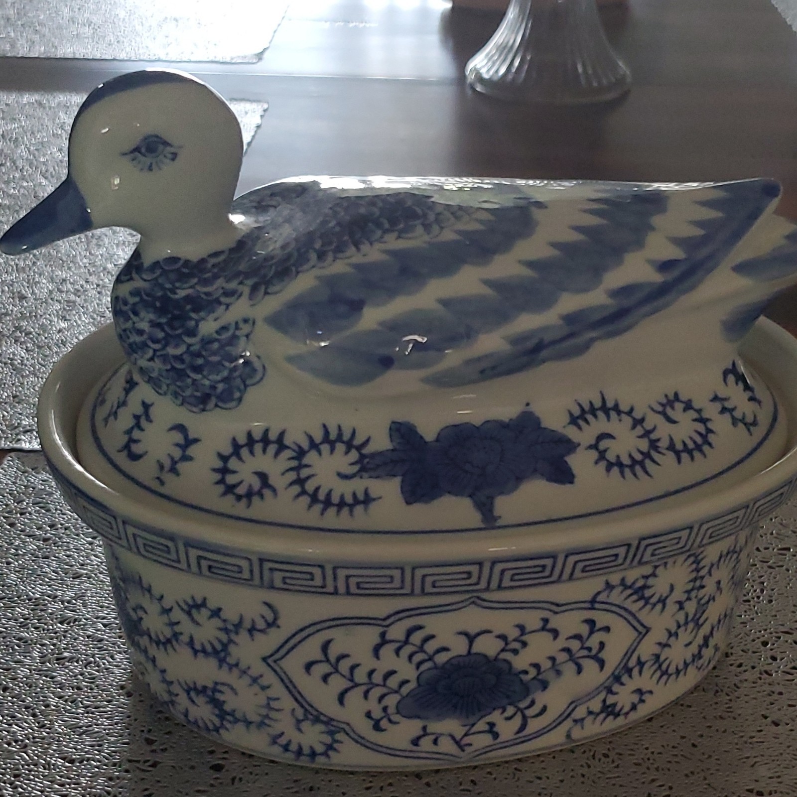Vtg Blue & White Chinese Export Chinoiserie Porcelain Duck Tureen Covered Bowl