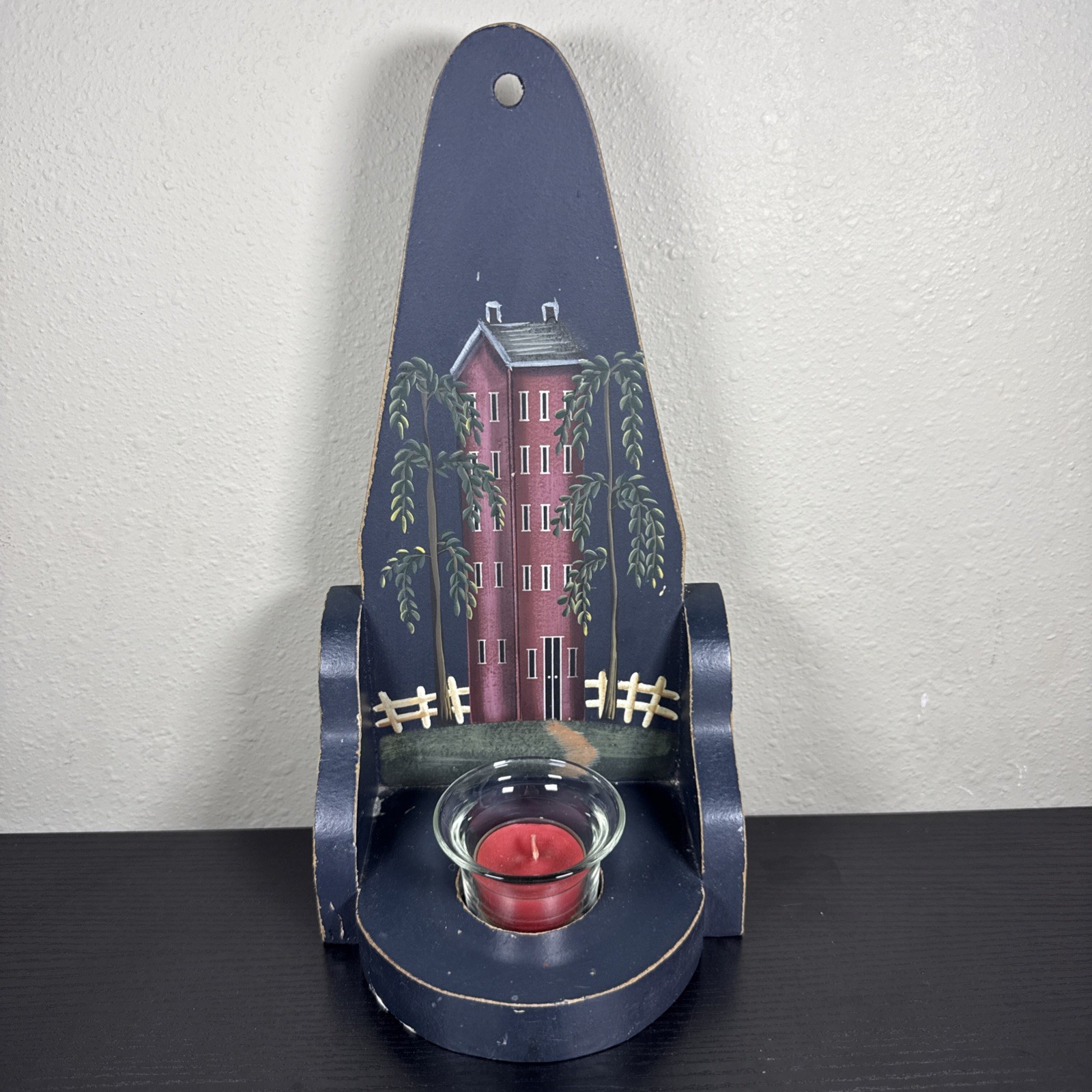 Primitive Folk Art Tall Salt Box House And Weeping Willow Wooden Wall Sconce