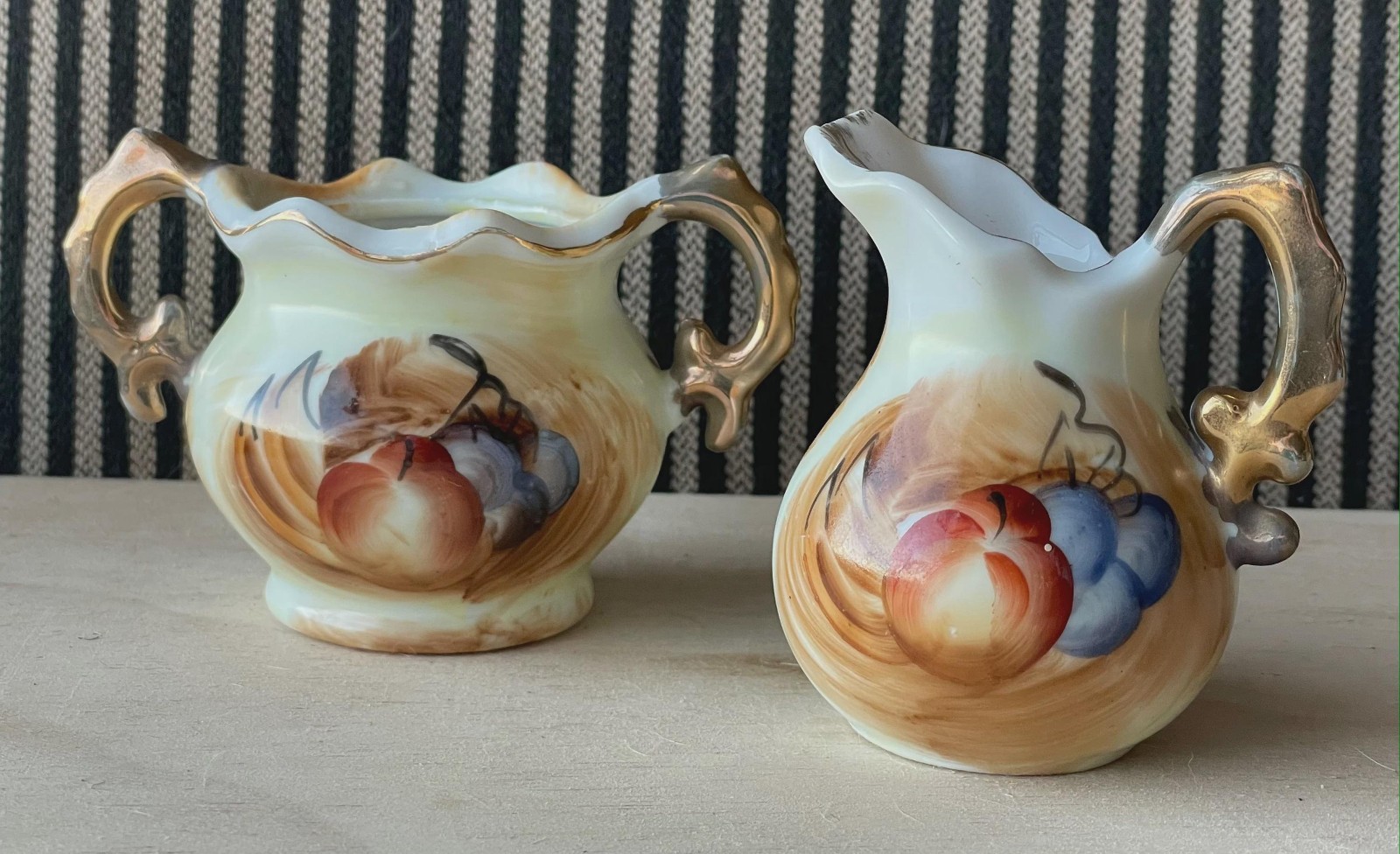 Vintage Miniature Artmark Japan Hand-Painted Fruit Motif Pitcher and Open Sugar