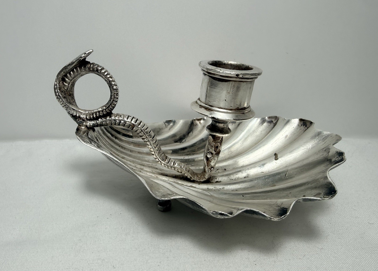 Antique Meneses Madrid Silverplate Shell Serpent Chamberstick Candle Holder