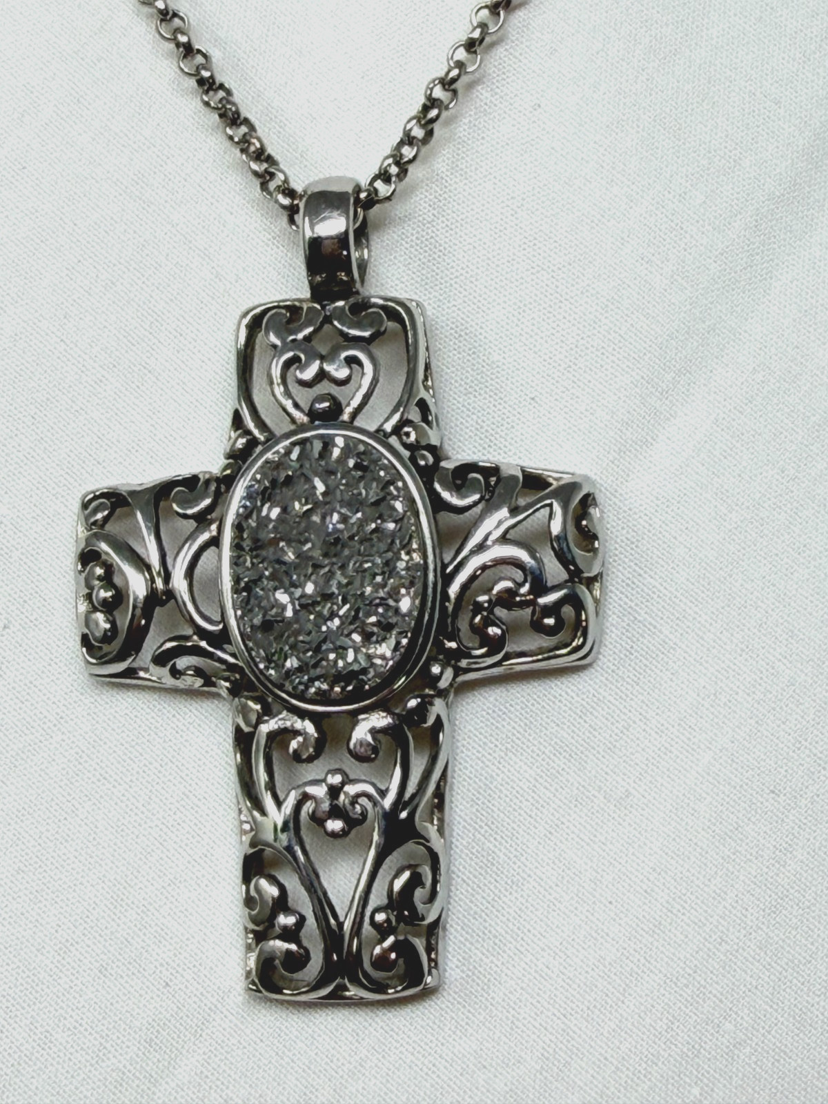 Lacy Openwork Silver tone Druzy Gemstone Cross Pendant 17\