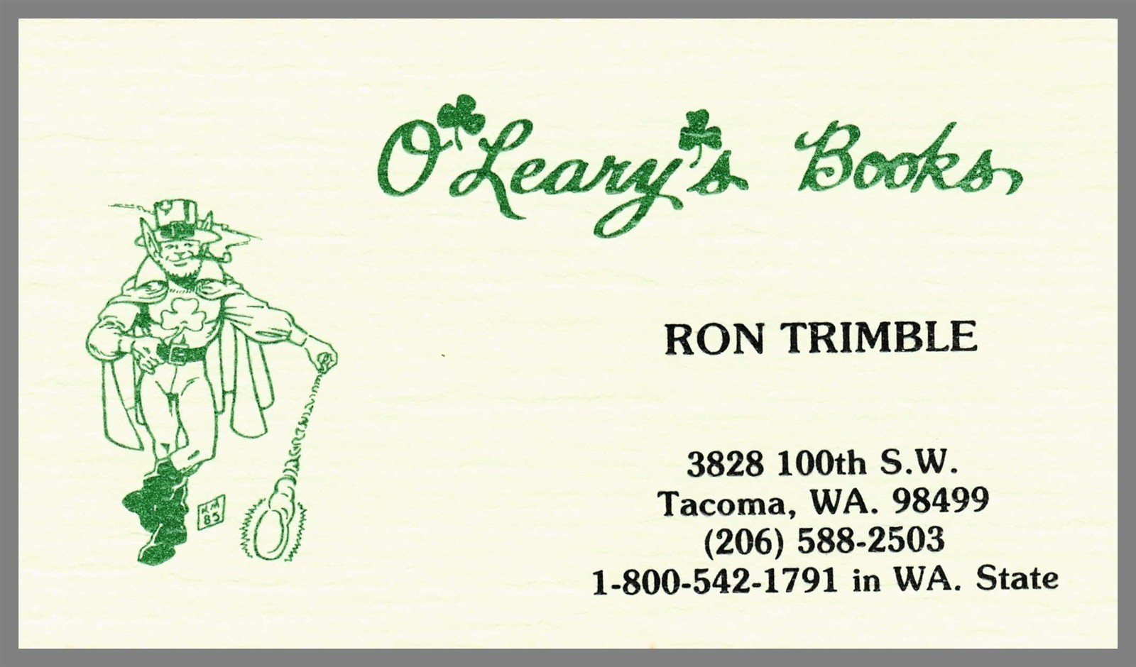 O\'Leary\'s Books Ron Trimble Tacoma WA Business Card Vintage