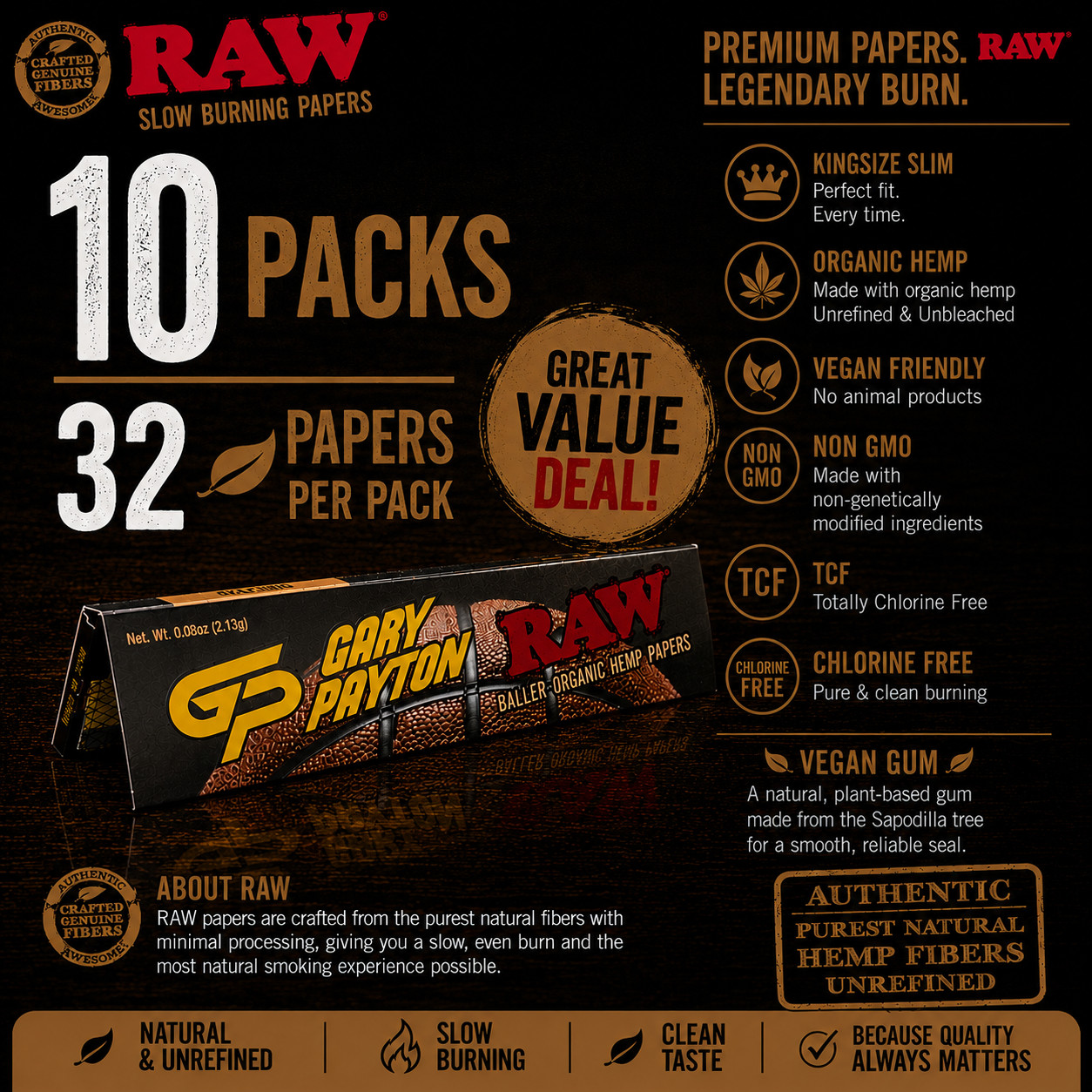 RAW x Gary Payton Baller Organic Hemp King Size Slim Papers 10 Packs 320 Leaves
