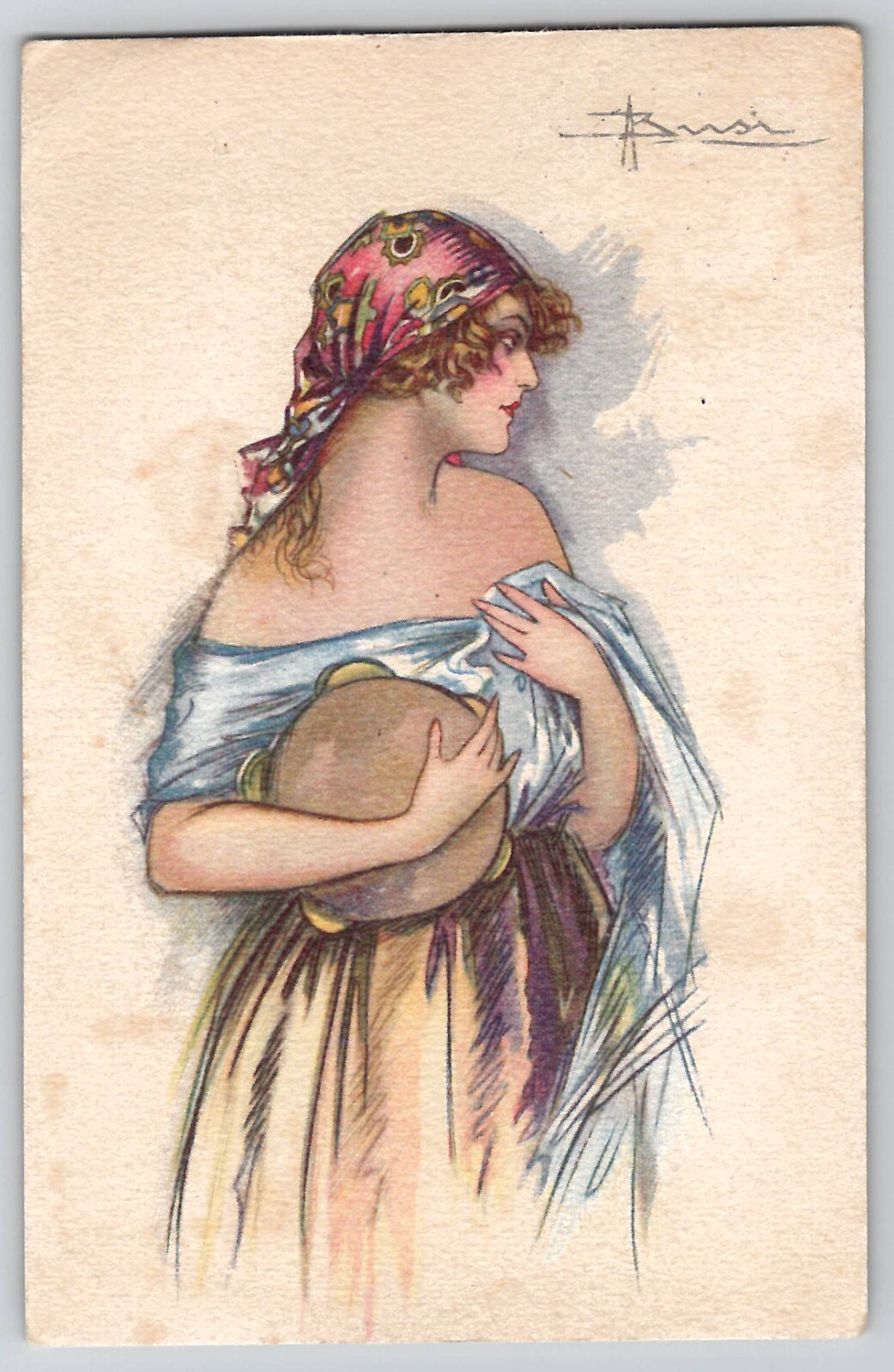 Bohemian Pretty Lady Woman Tambourine Adolfo Busi 497-3 Art Deco Postcard 1920's