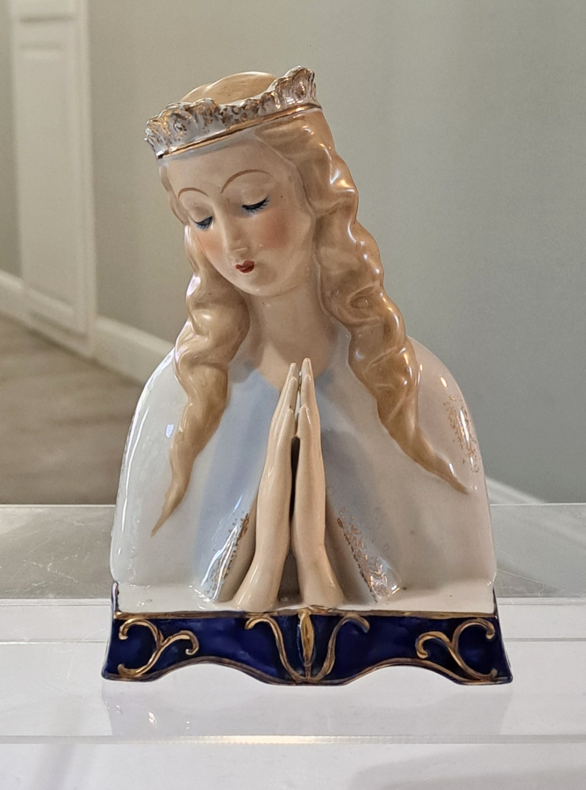 Vintage 1950s Ceramic Praying Madonna Planter Cobalt Blue Gold Scroll Base 4352