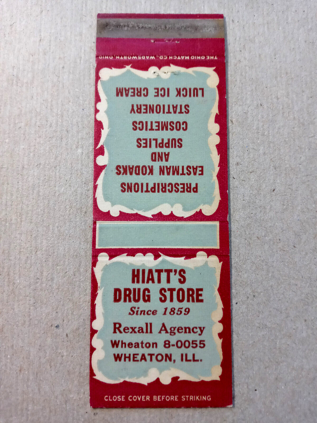 Vintage Matchbook: Hiatt\'s Rexall Drug Store, Wheaton, IL