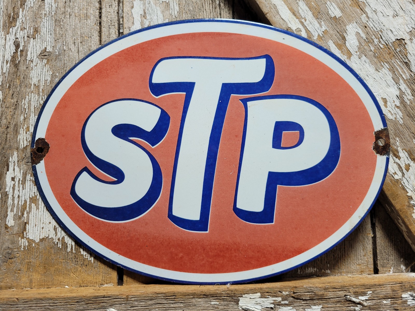 VINTAGE STP PORCELAIN SIGN OLD RACING OIL SCIENTIFICALLY TREATED PETROLEUM OVAL