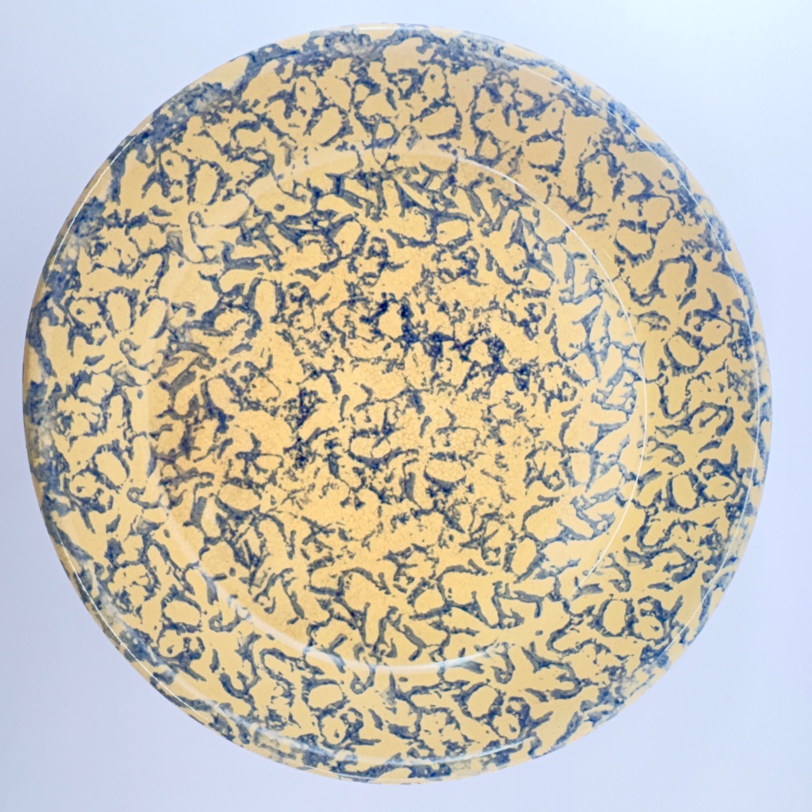 Roseville Pottery Spongeware Pie Plate Blue Tan Stoneware USA Farmhouse 9.5\