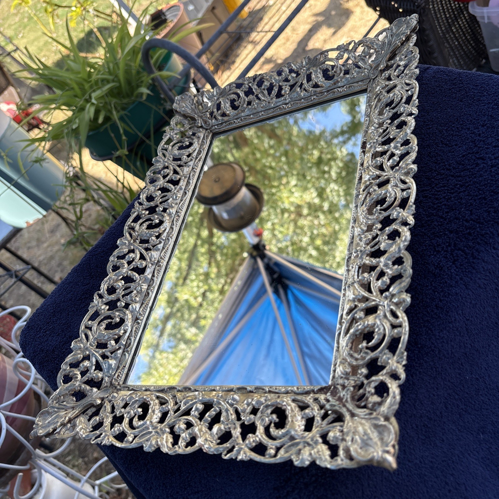 Vintage Pierced Gold Frame Easel Back Vanity Tray or Wall Mirror Large 16x11\