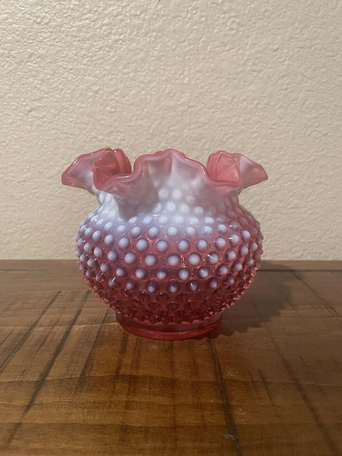 Vintage Fenton Hobnail Cranberry Opalescent Glass 5” Double Crimped Vase 1940’s