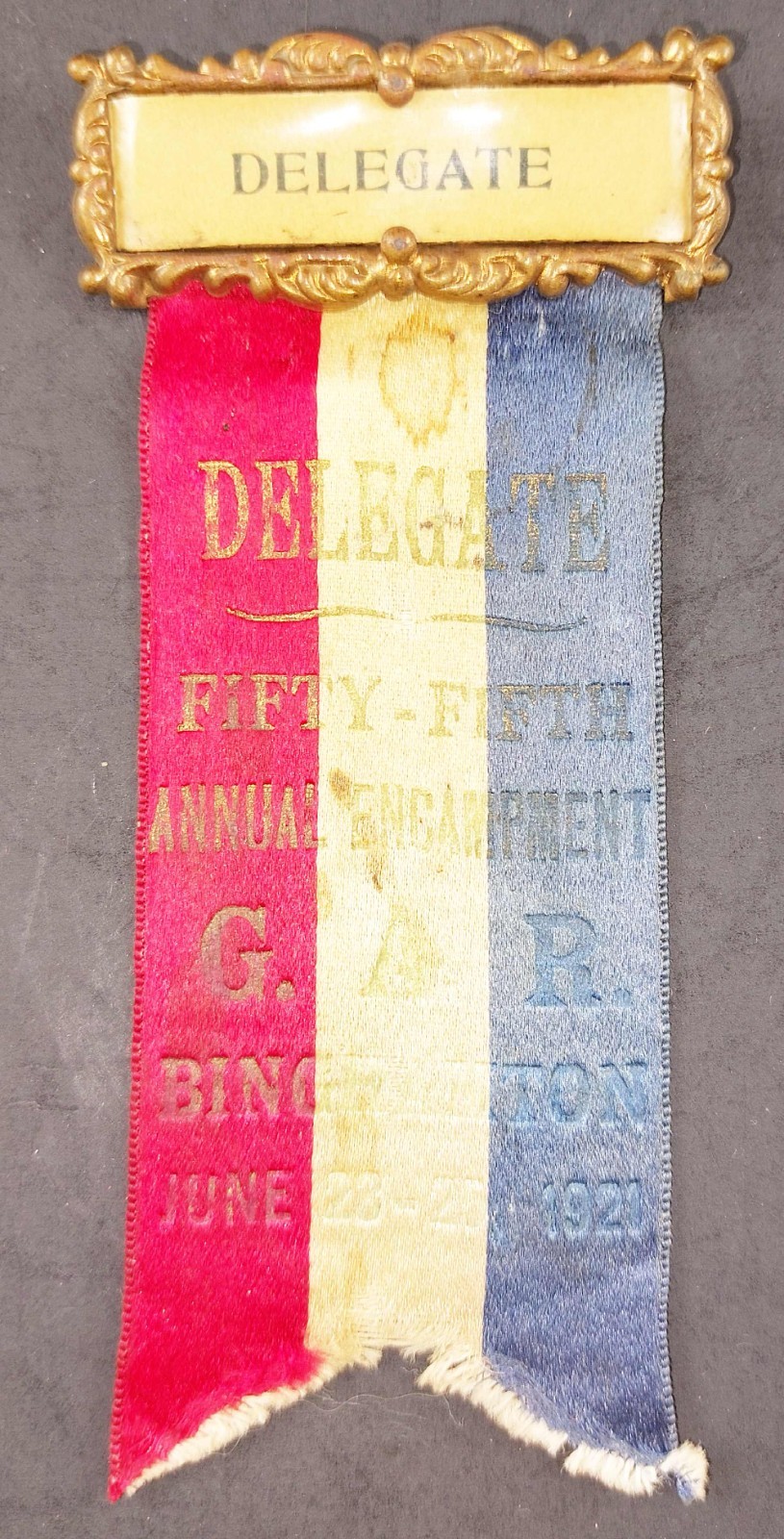 DEPT OF NY CIVIL WAR VETERANS G.A.R. ENCAMPMENT DELEGATE RIBBON PIN 1921