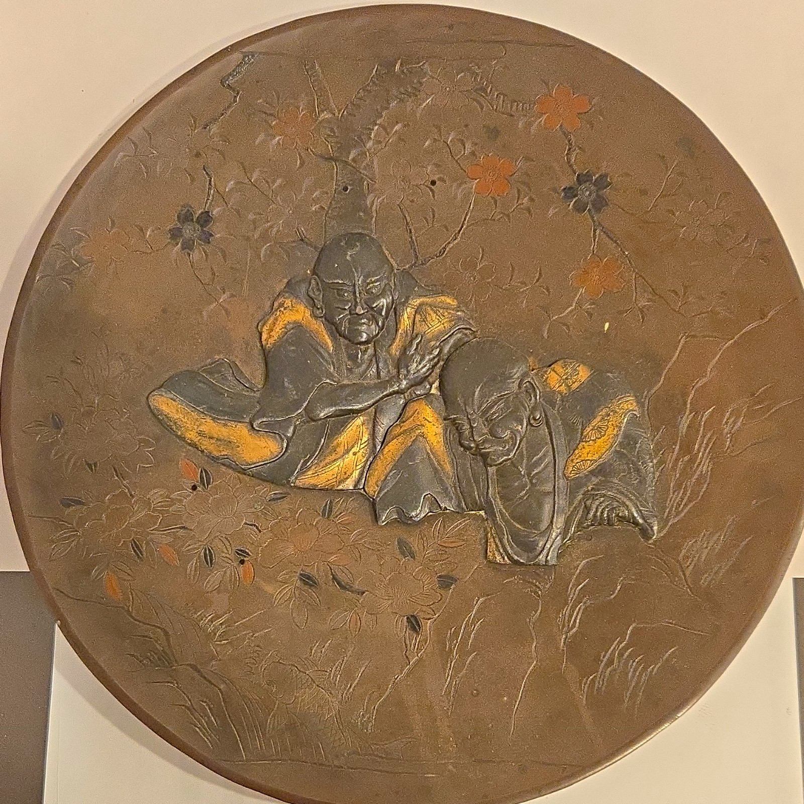 Japanese Antique Brass/Bronze Wall Plaque w/ Two Sages, 12 in Diameter