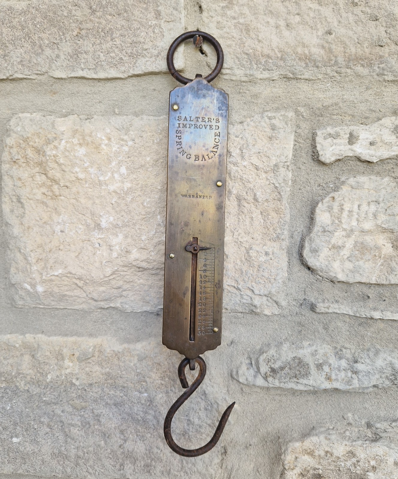 Antique Salter Improved Brass Spring Balance Scale Hanging Pocket Scales 32.5cm 