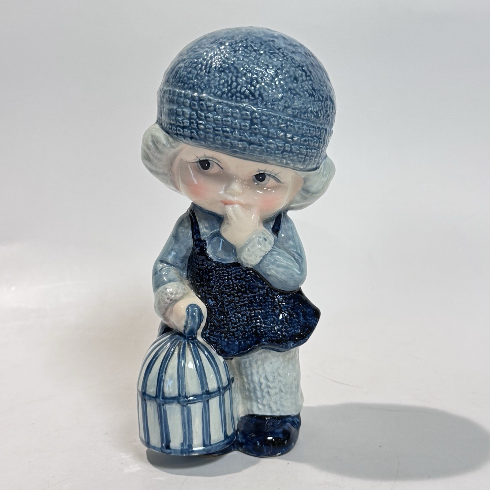 Vintage Big Eye Blue Girl Whistling W Birdcage 6.5\
