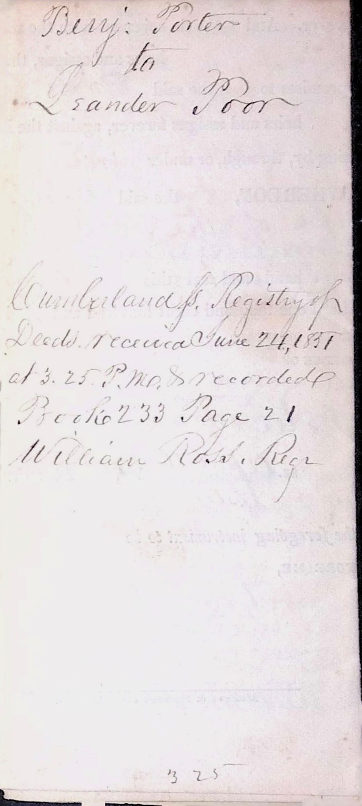 1851 Cumberland ME Deed Entry Benj Porter to Isander Poor Book 233 Page 21