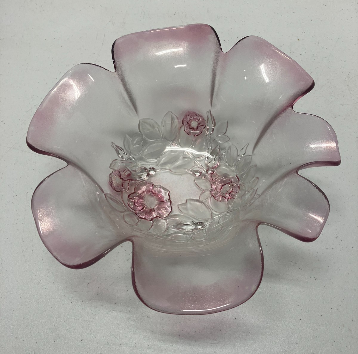 Vintage Mikasa Rosella Pink Frosted Glass Bowl with Ruffled Rim 11\ Vintage Mikasa Rosella Pink Frosted Glass Bowl with Ruffled Rim 11\