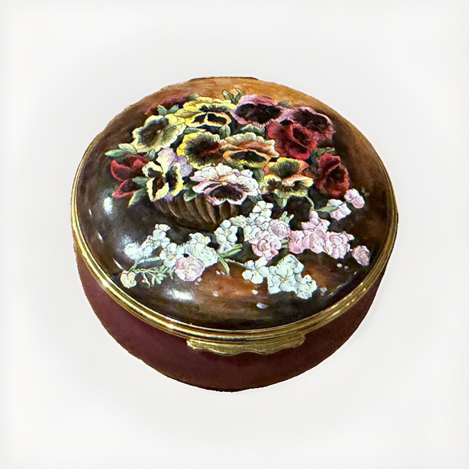 Halcyon Days Planter Full of Pansies Enamel Box - 2 3/8\