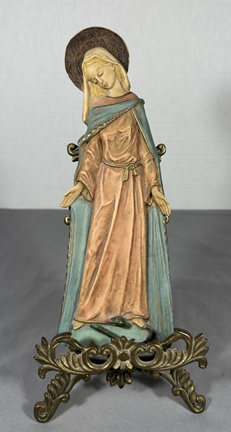 Vintage Italian Madonna Virgin Mary Plaque with Ornate Easel Serpent 10”