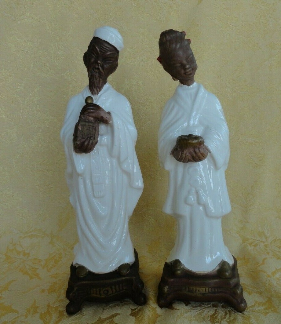 Pair of Vintage Plaster Chinese Man & Woman Figurines 