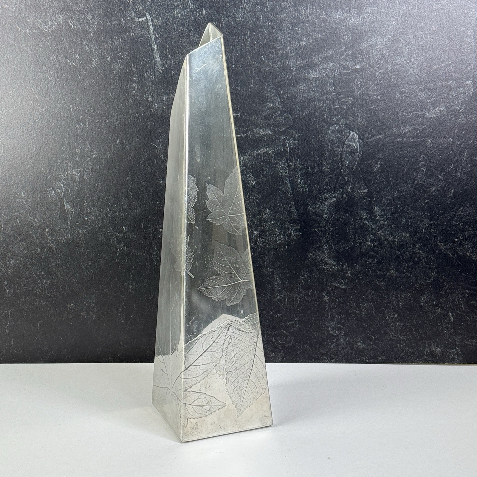 Pewter Crafters Cape Cod Ron Kusins Tall Vase Ginko Oak Leaves Angular Modern