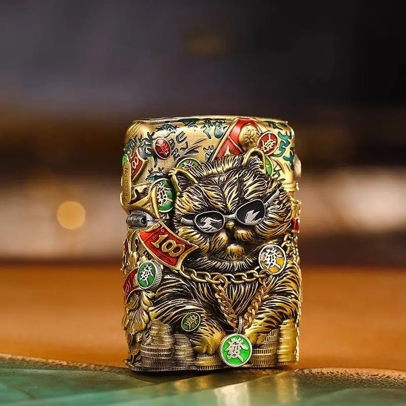 Luxury Brass Money Cat Armor Fuel Lighter Windproof Flint Wheel Gift Box New