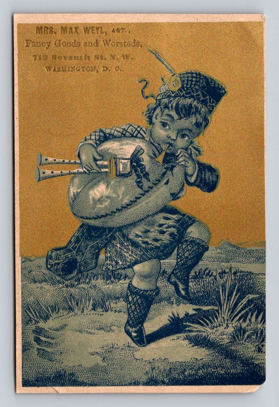 Bagpipe Player Kilt Mrs Max Weyl Fancy Goods Washington DC Trade Card P899