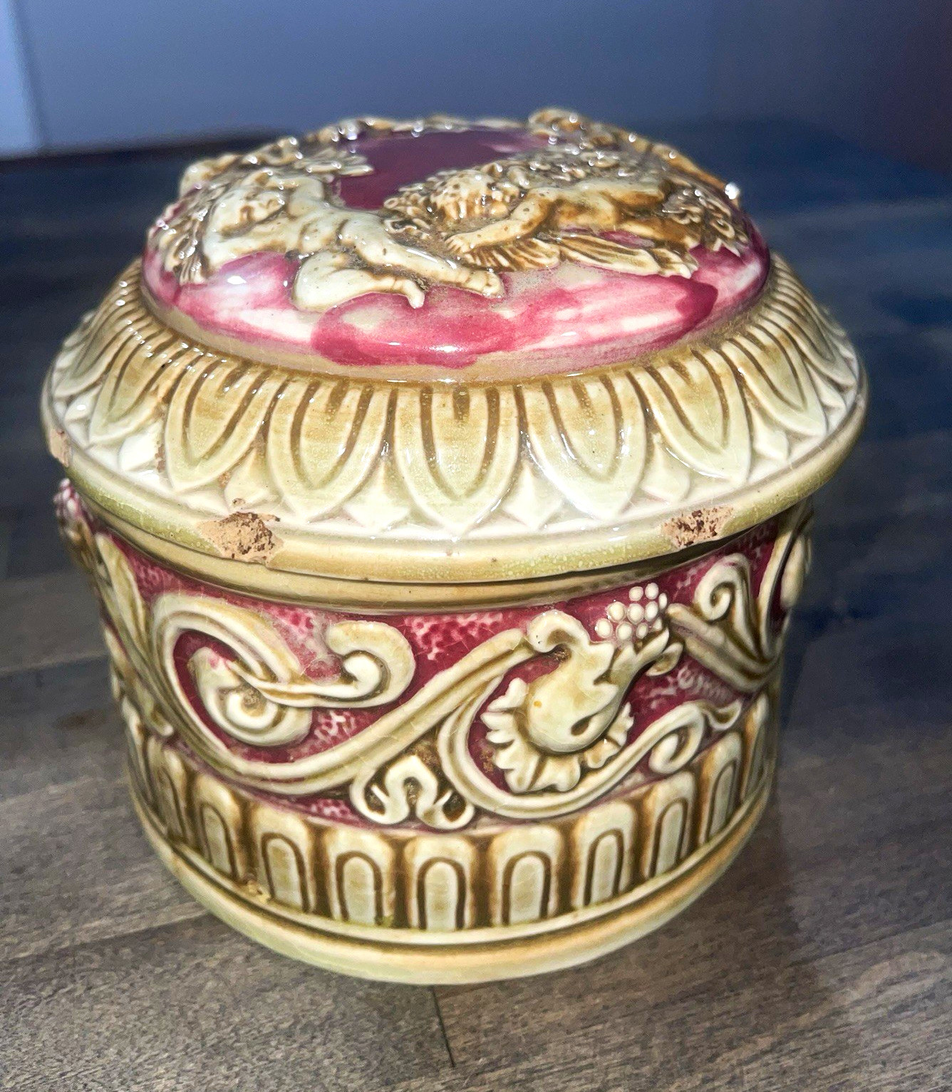 Antique 1930s Maruhon Ware Japan Putti Cherub Trinket Vanity Box Pink Cream