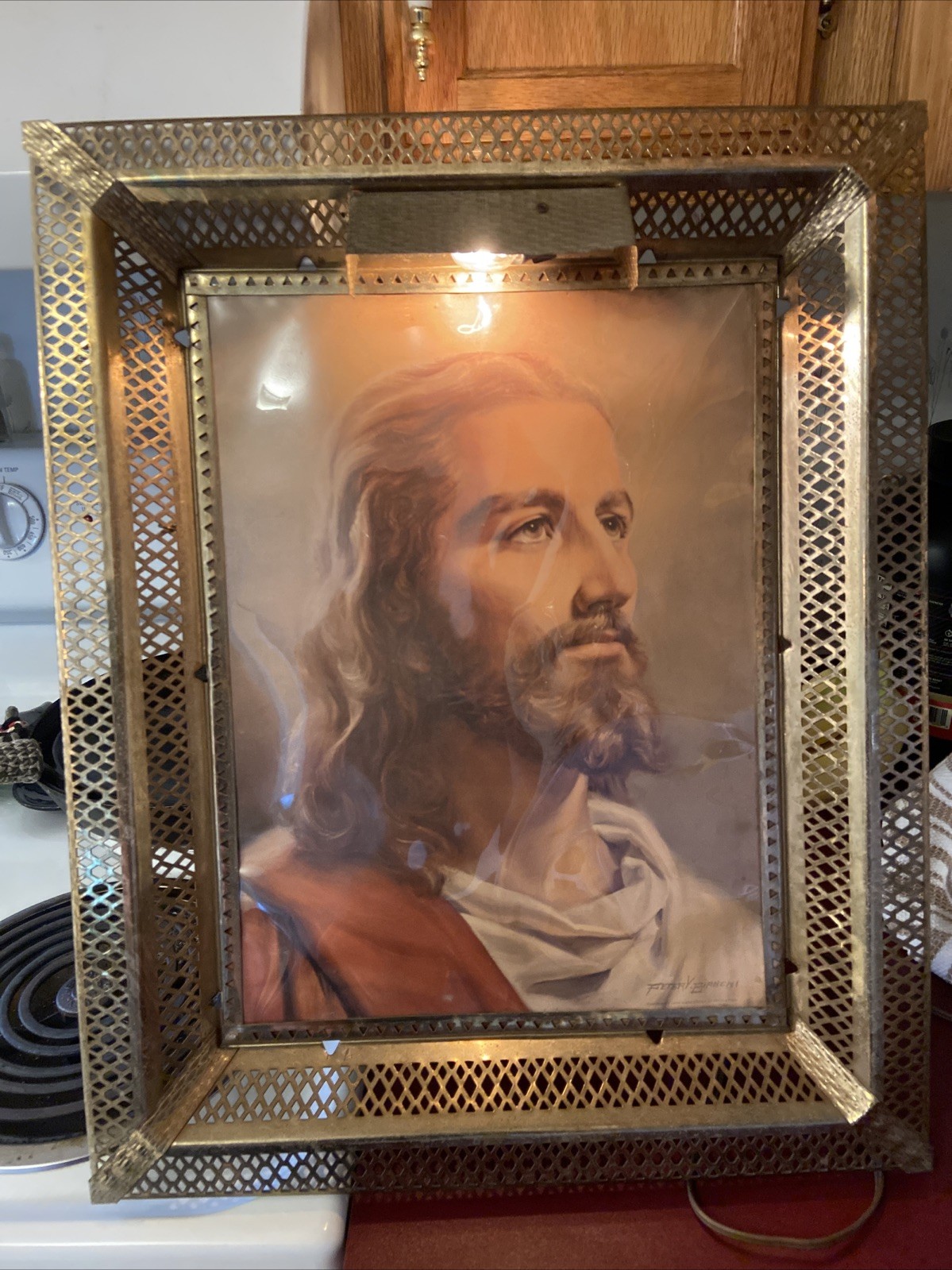Vintage 1959 Gold Metal Framed Lighted Light Up Jesus Picture Peter Bianchi