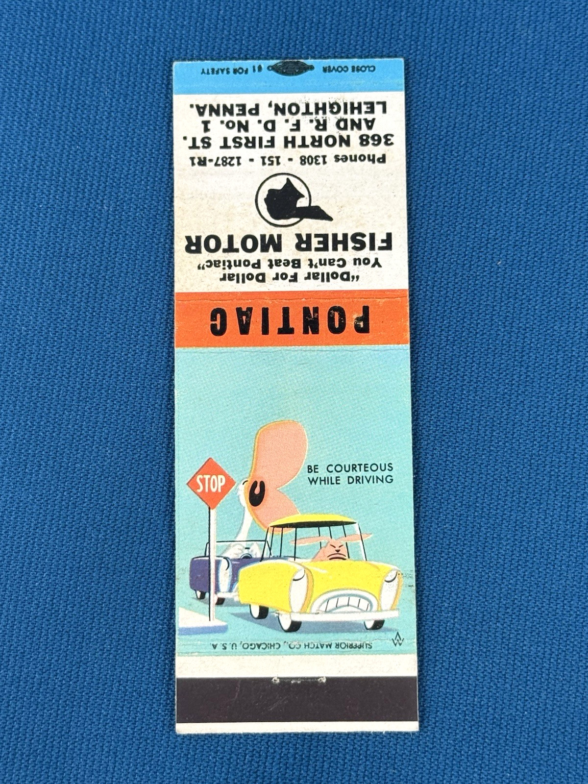 Pontiac Dealer Fisher Motor Lehighton Pennsylvania VTG Matchbook Cover #168