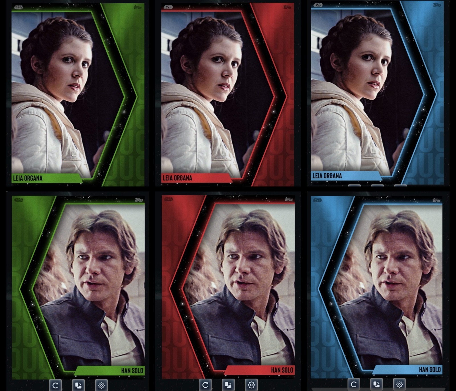 DUOS S3 WEEK 4 LEIA HAN SOLO SR/R/UC GREEN RED BLUE TOPPS STAR WARS CARD TRADER
