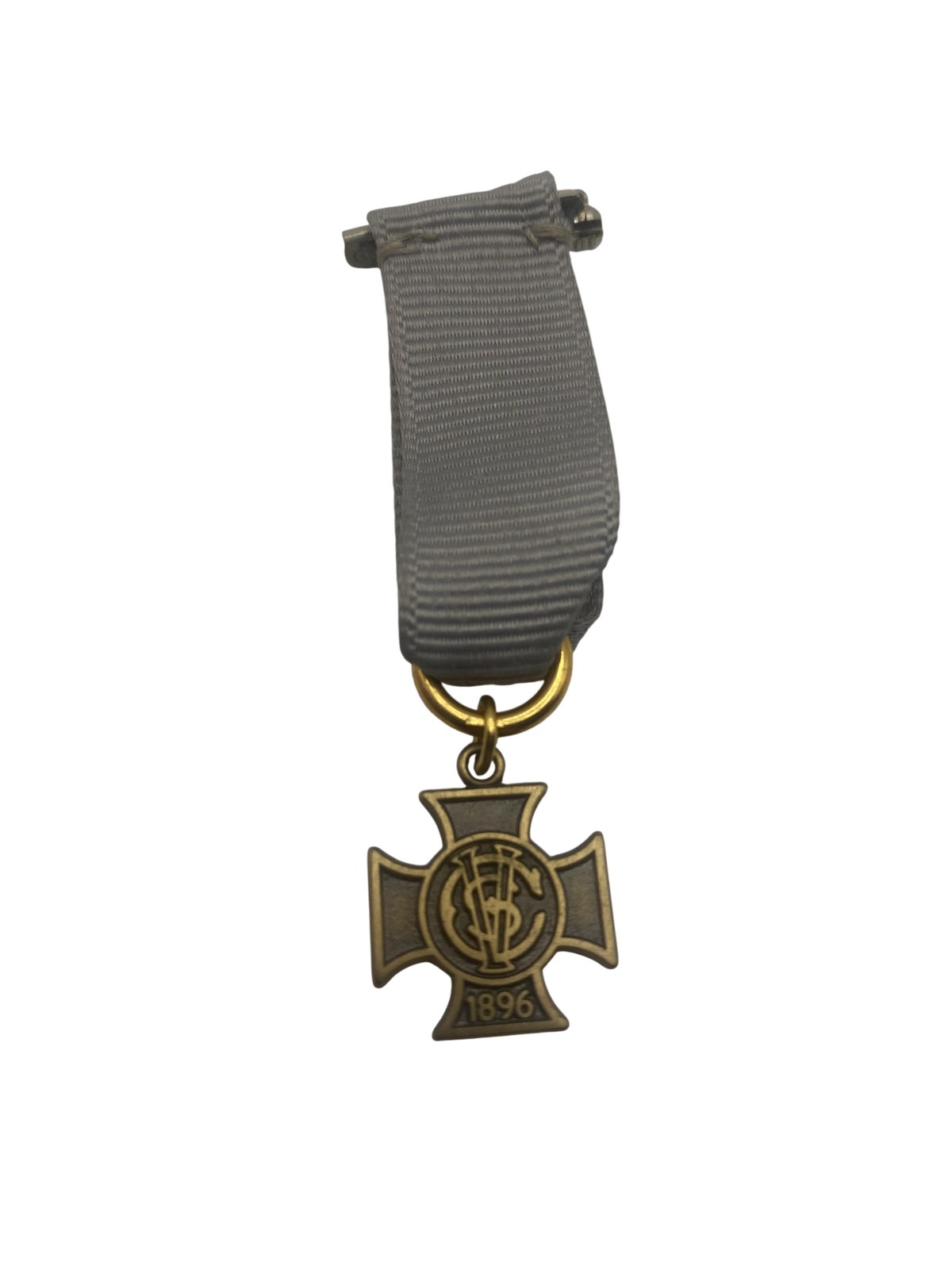 Vintage 1896 YMCA Bronze Cross Medal Gray Ribbon Lapel Pin Award Badge
