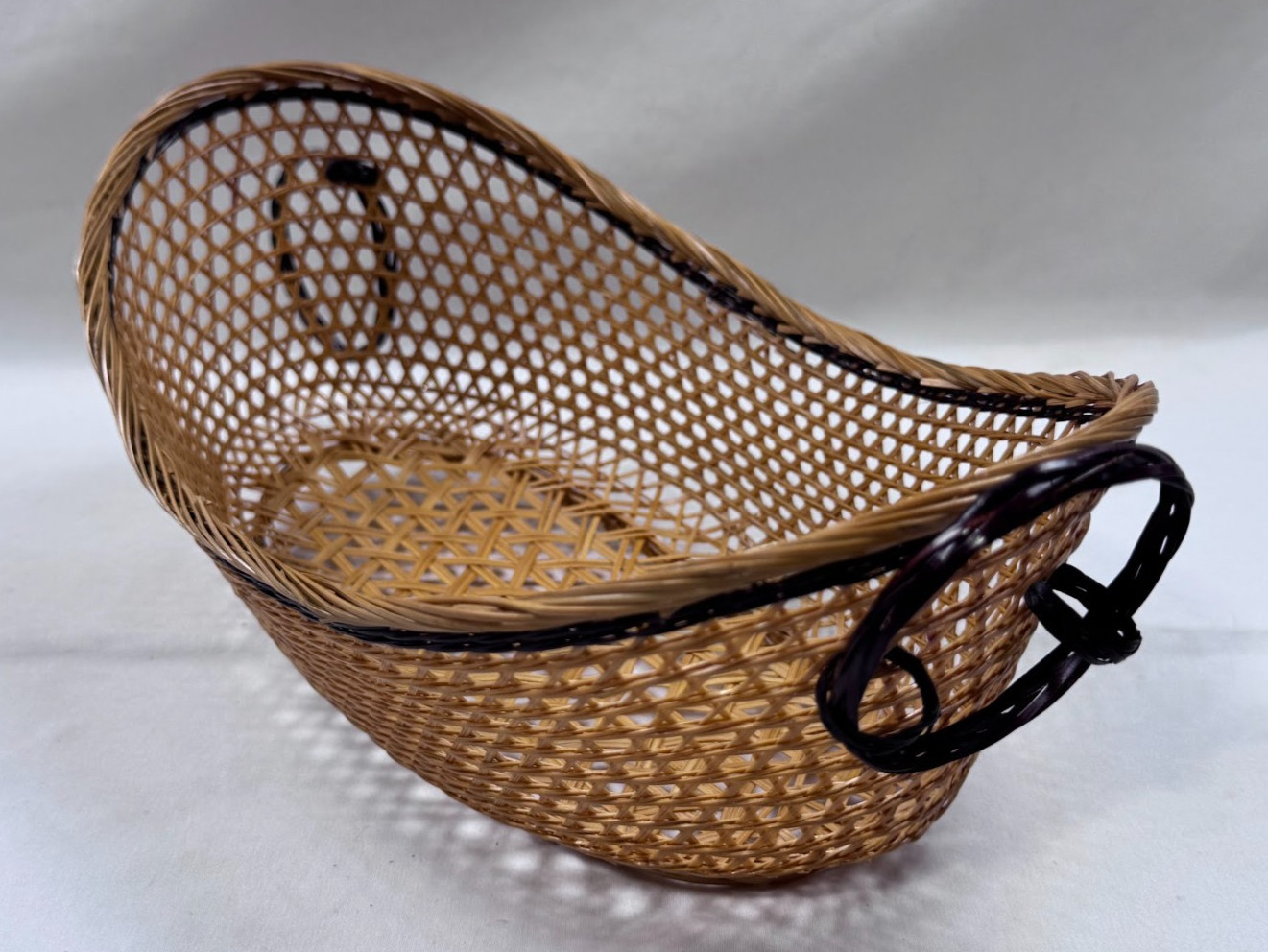 (2C) Vintage Hand Woven Bamboo Open Weave Lattice Oval Basket - As Is