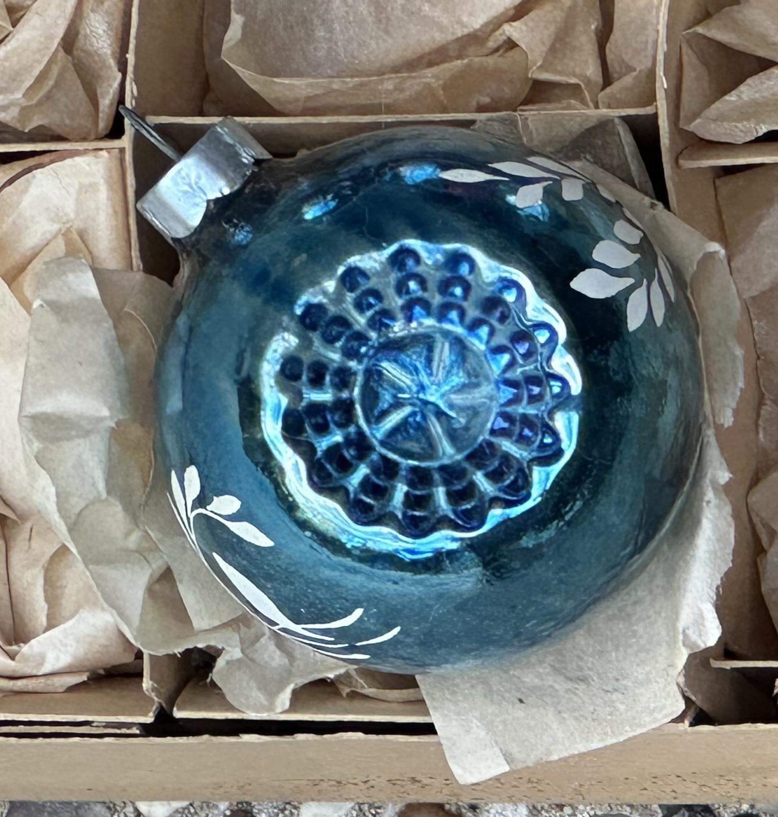 RARE Vintage Franke Blue Double Indent Stencil Glass Christmas Ornament