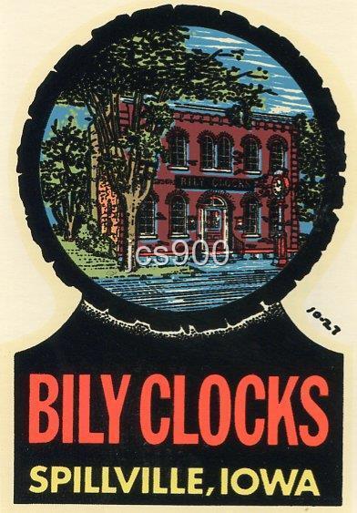 VINTAGE BILY CLOCKS SPILLVILLE IOWA STATE SOUVENIR TRAVEL WATER WINDOW DECAL ART