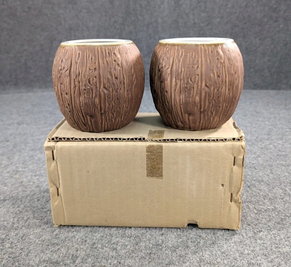 Vintage Orchids Of Hawaii Coconut Tiki Mug Set ORIGINAL BOX