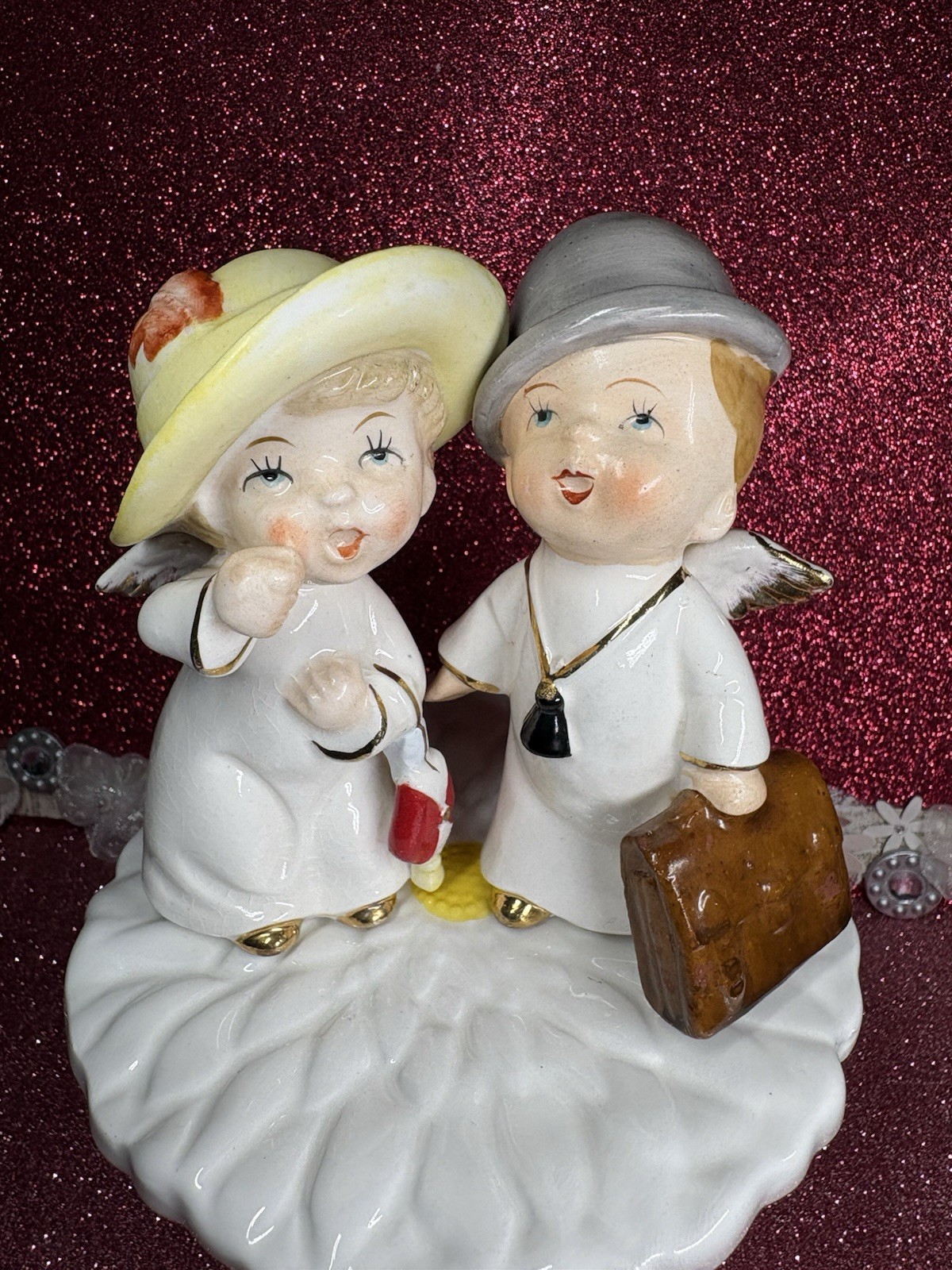 Vtg Two Angels Doctor & Patient Boy In Hat & Girl With Purse Figurines Japan Vtg Two Angels Doctor & Patient Boy In Hat & Girl With Purse Figurines Japan