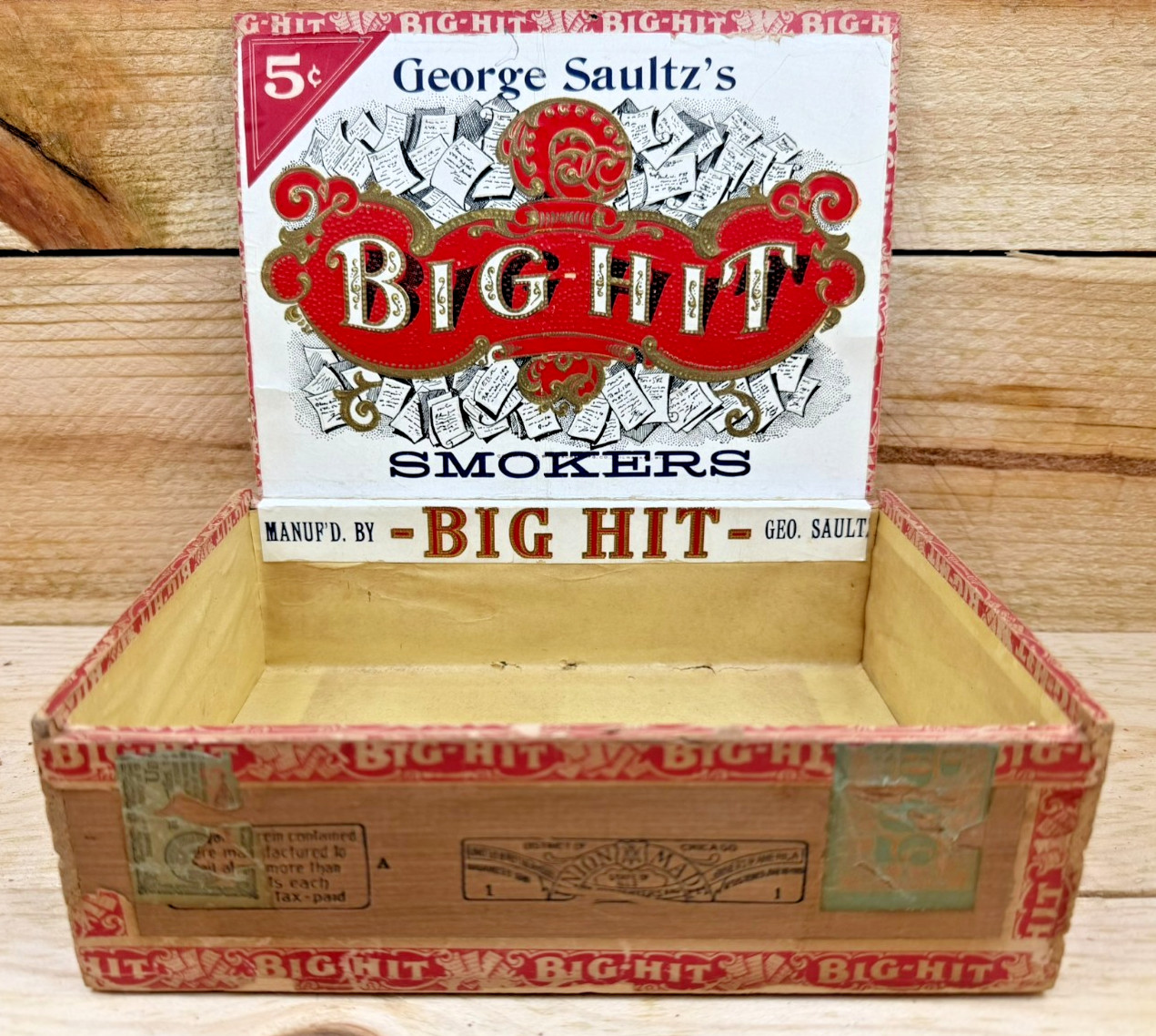 c1917 Vtg Antique Big Hit Wood Cigar Box Chicago Union Wenona Marshal Co, IL.