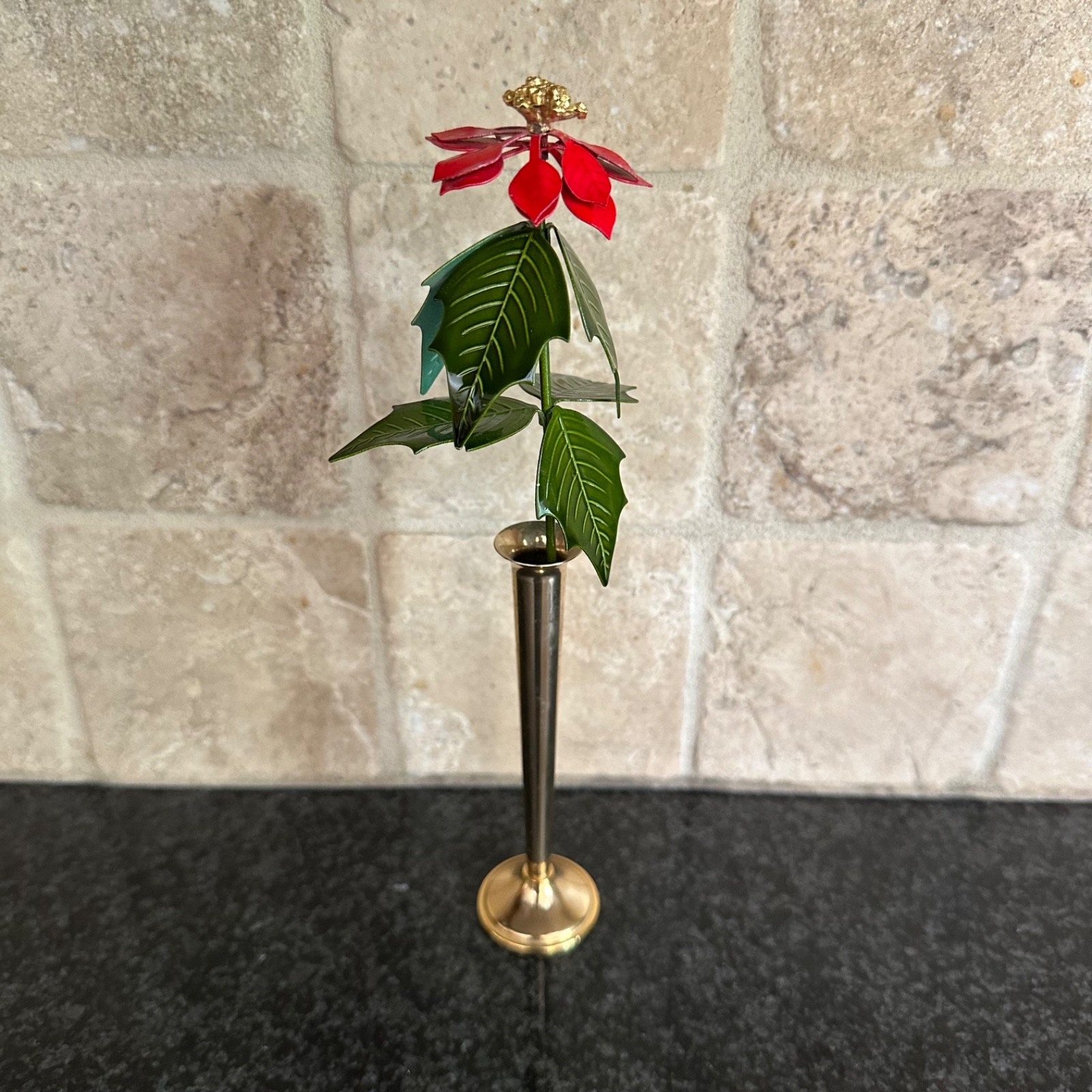 Vtg Ted Arnold Ltd Brass Metal Enamel Poinsettia Flower Bud Vase Christmas MCM