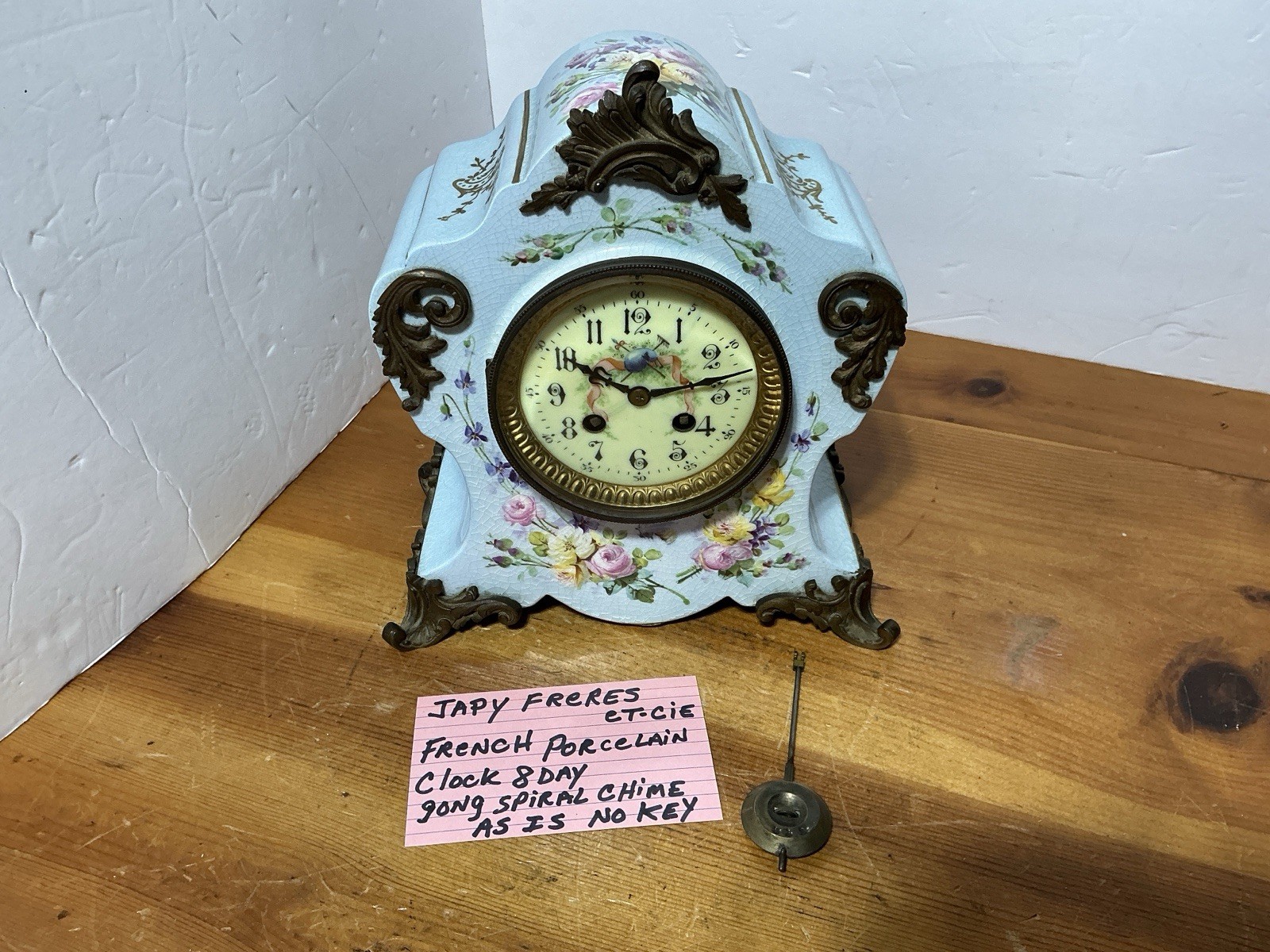 Antique French Japy Ferres Porcelain Mantle Clock 8-day Bronze Ormolu No Key VTG