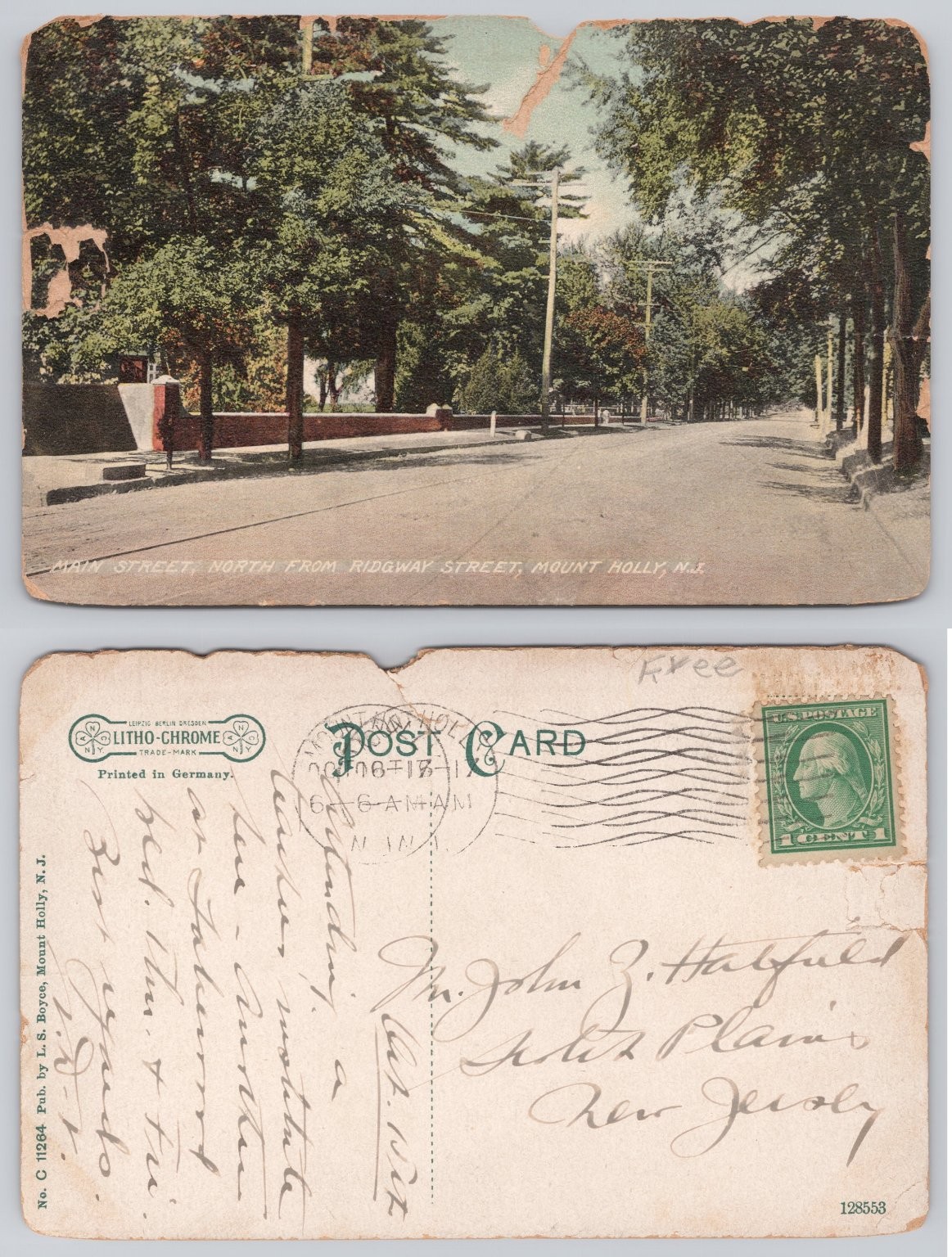 Mount Holly NJ Main Street North from Ridgway Street 1906 Litho-Chrome Postcard