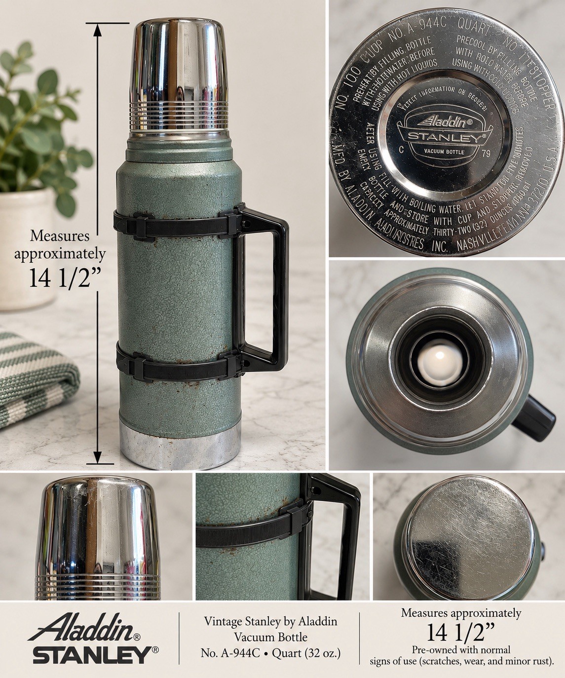 Vintage Aladdin Stanley A-944C 1 Qt 32oz Vacuum Thermos Green USA Vintage Aladdin Stanley A-944C 1 Qt 32oz Vacuum Thermos Green USA