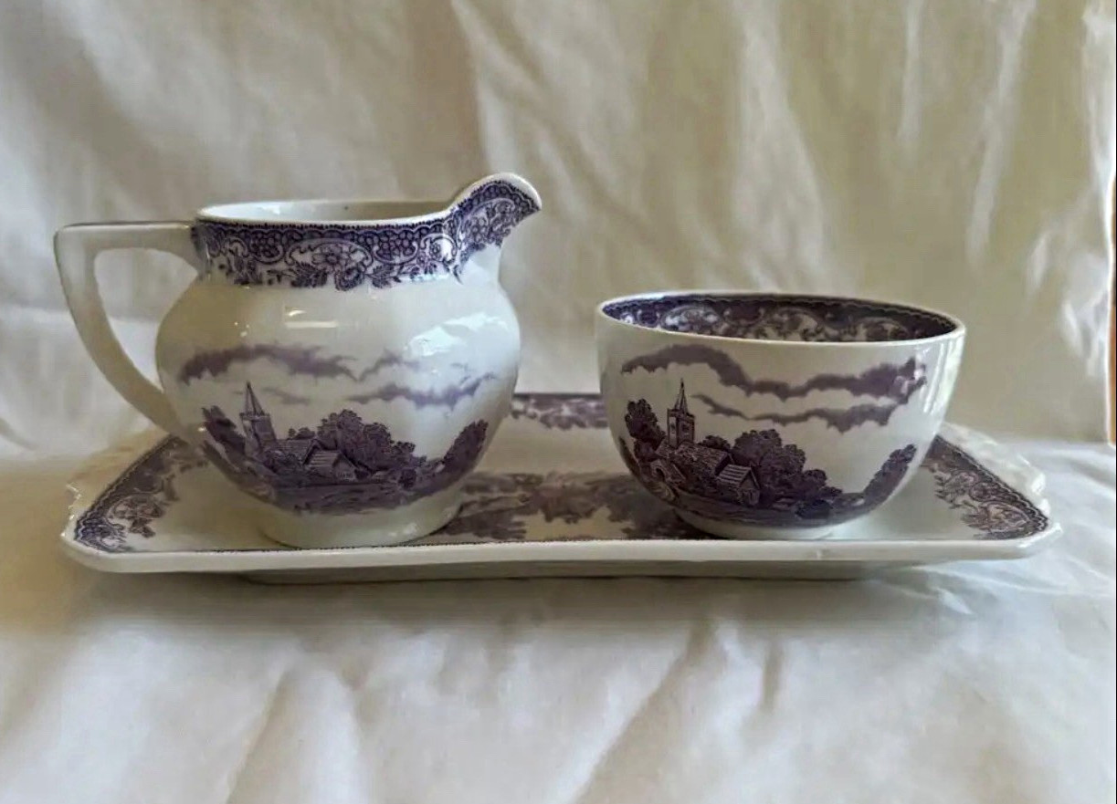 Royal Ardalt Olde Staffordshire 2090 Purple Transferware Sugar Creamer Tray Set