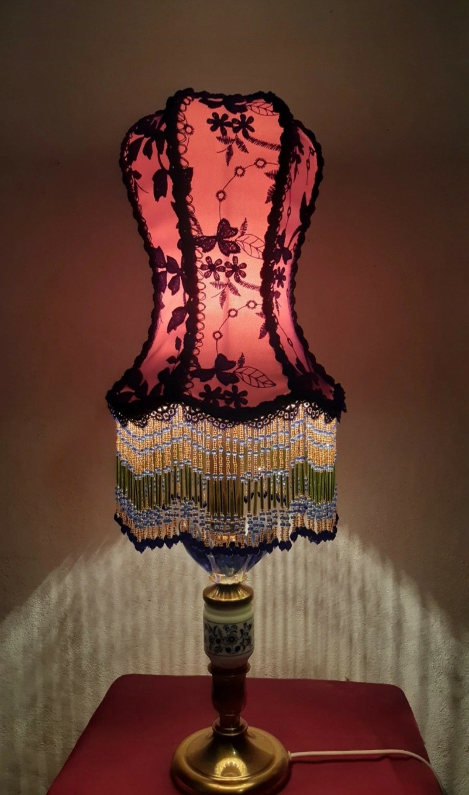 Victorian blue lampshade with beaded rings for table lamps