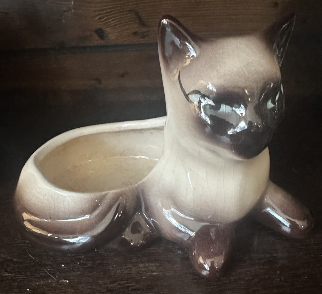 Vtg Siamese Cat Kitten Planter Brown/cream Blue Eyes 7.5” MCM Kitty Cottage Core
