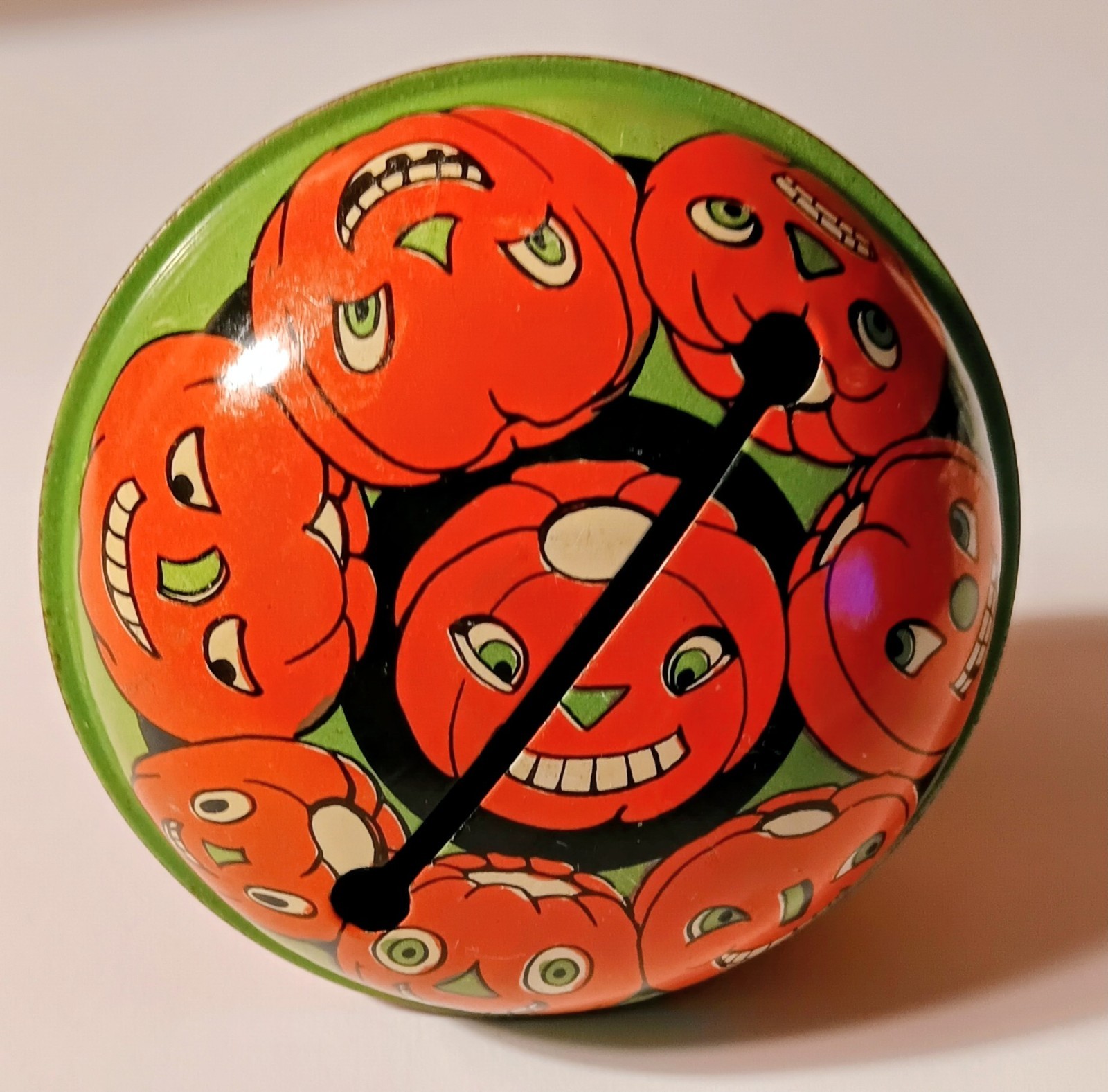 Vintage Halloween Noisemaker Tin Litho Metal Rattle Jack-o-lantern