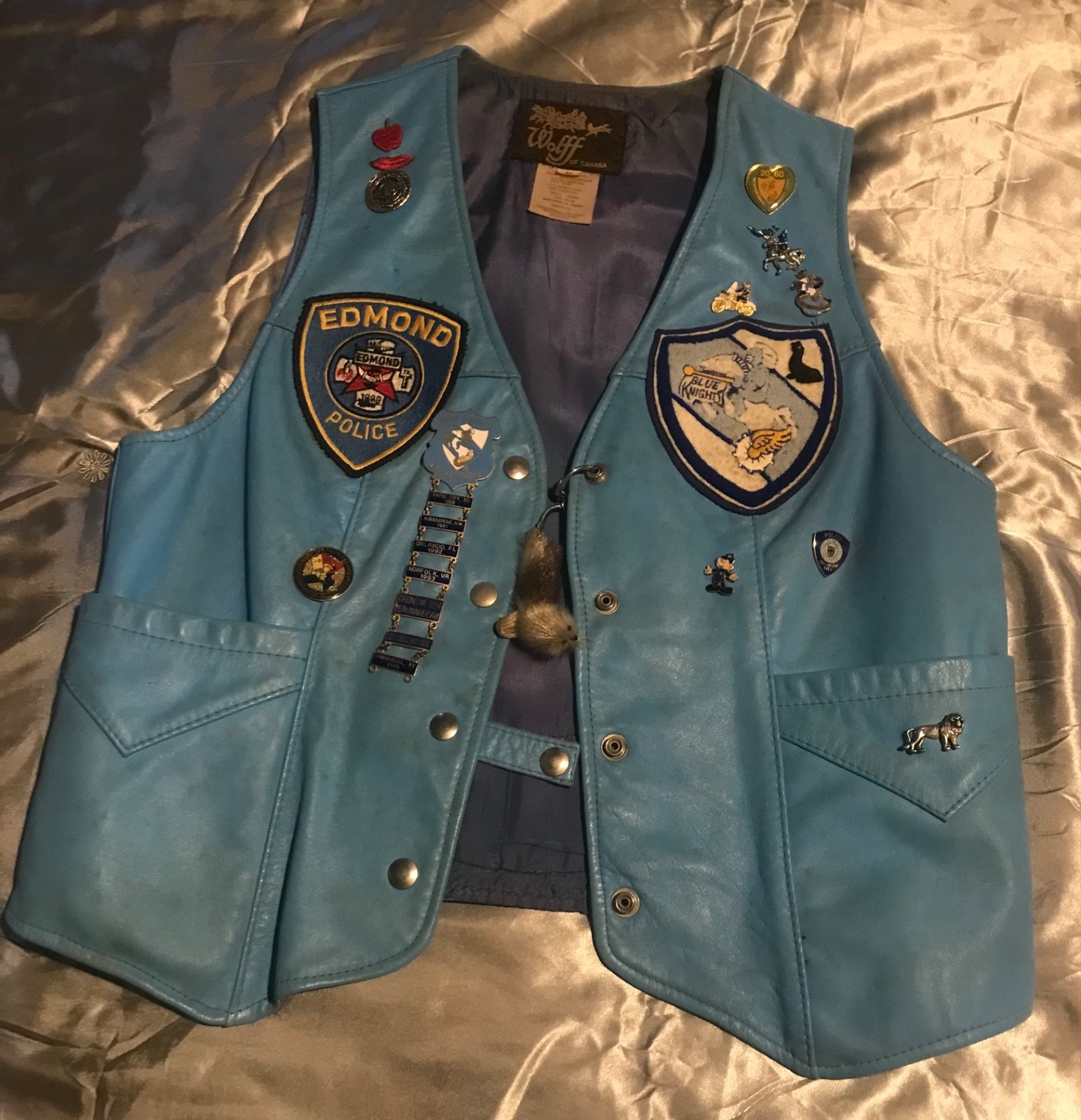Vintage Blue Knights LEMC Oklahoma II Wolff Leather Vest Size 10 Pins Patches