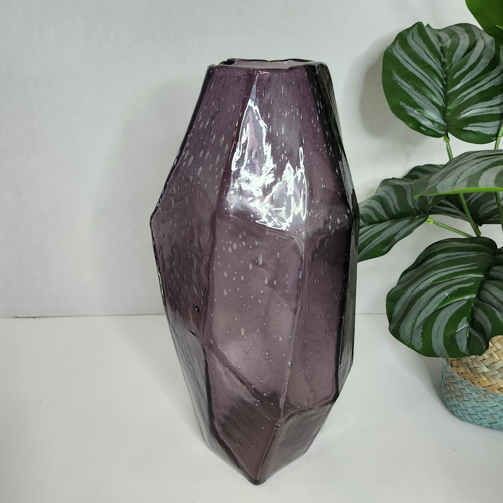 Vtg Rare Anthropologie  11.5”x 5” Faceted Gemetric Art Gem Amethyst  Glass Vase 
