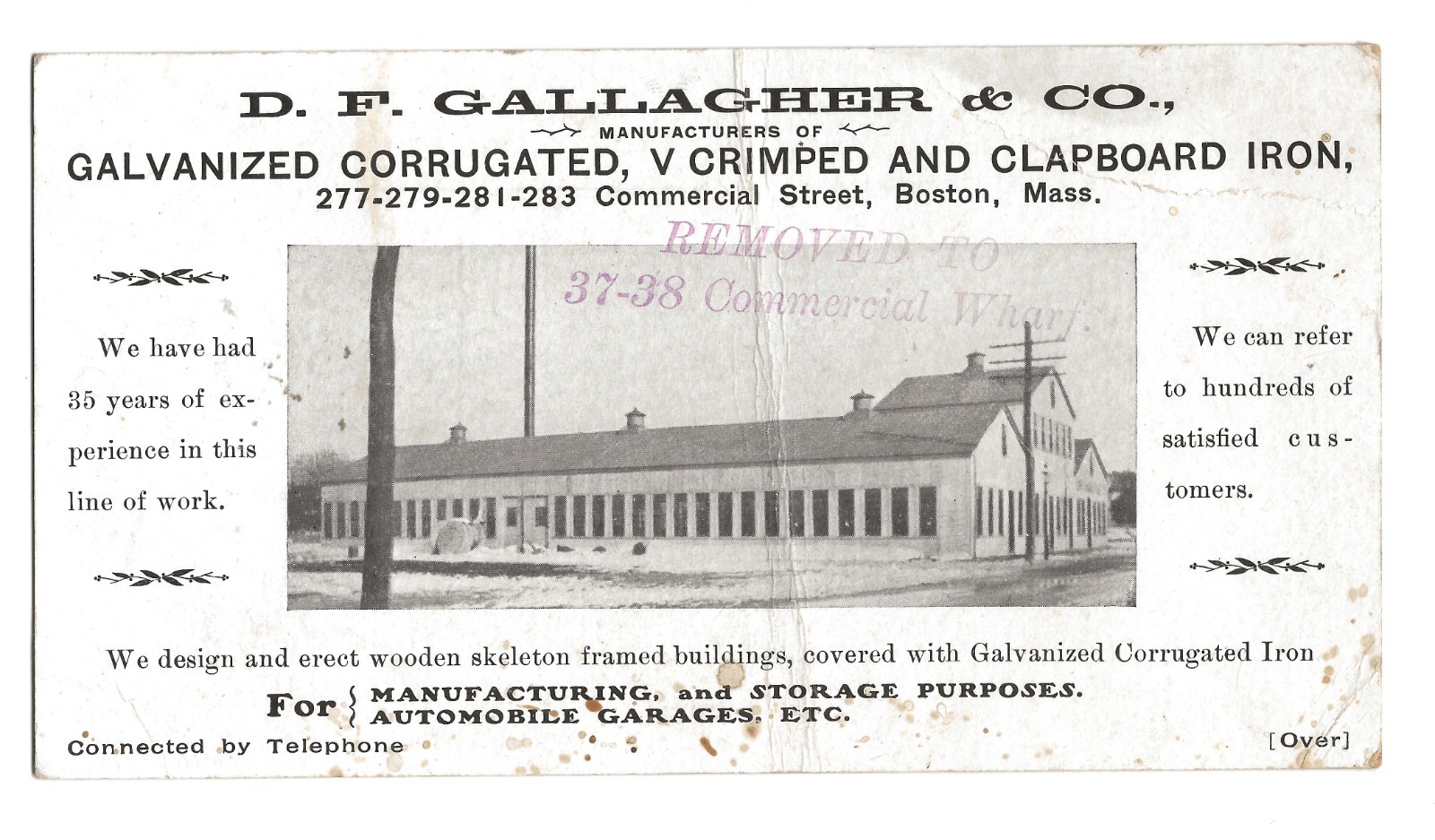 1905-10 D.F. Gallagher Galvanized metal ad card, factory, Boston, history