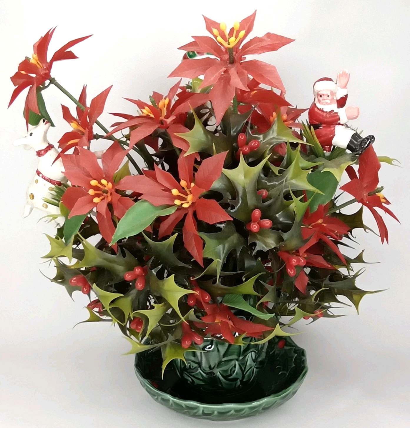 Vintage 1970s Lefton Ceramic Holly Berry Pitcher & Saucer Christmas Centerpiece