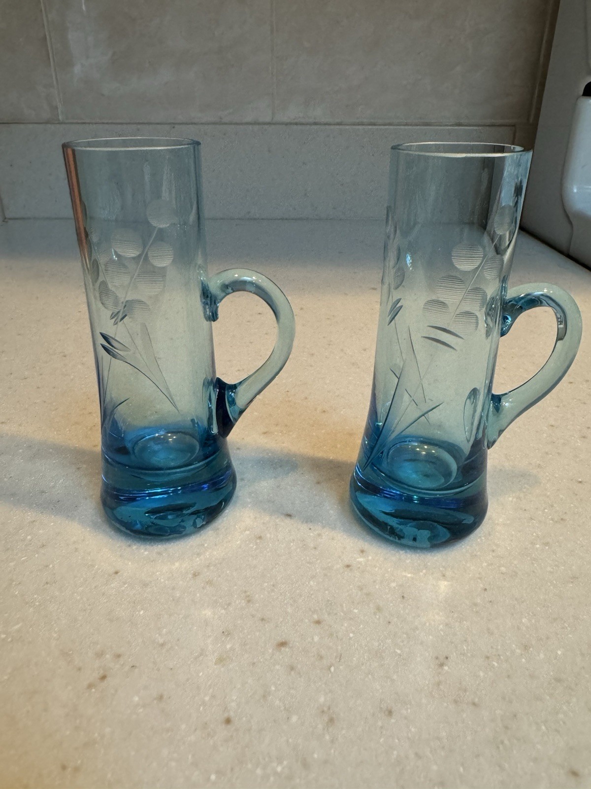 Vintage Bohemia Crystal etched Aqua Blue Handled Shot Glasses - Set of 2 Vintage Bohemia Crystal etched Aqua Blue Handled Shot Glasses - Set of 2